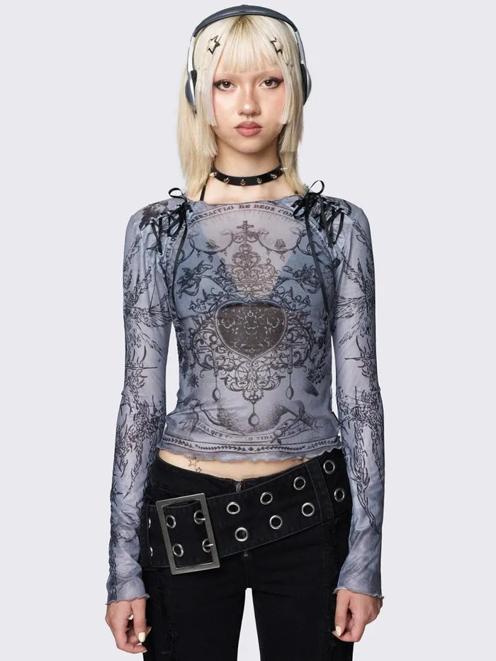 Willa Grey Lace Up Mesh Top Women Minga London Tops and TShirts