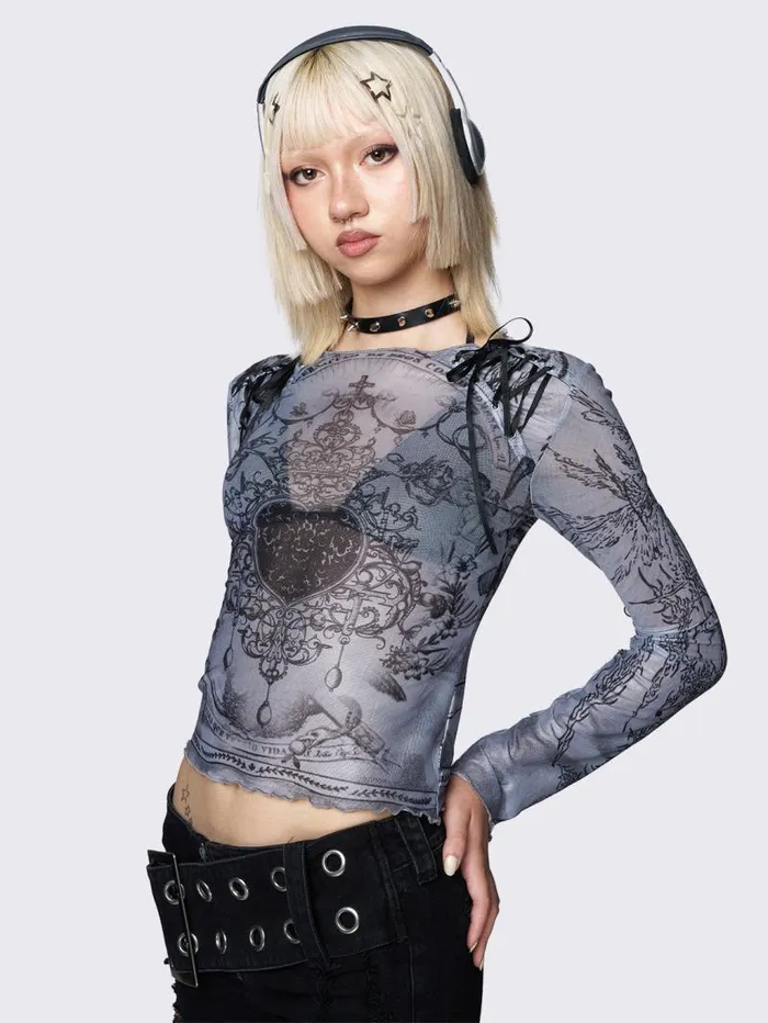 Willa Grey Lace Up Mesh Top Women Minga London Tops and TShirts
