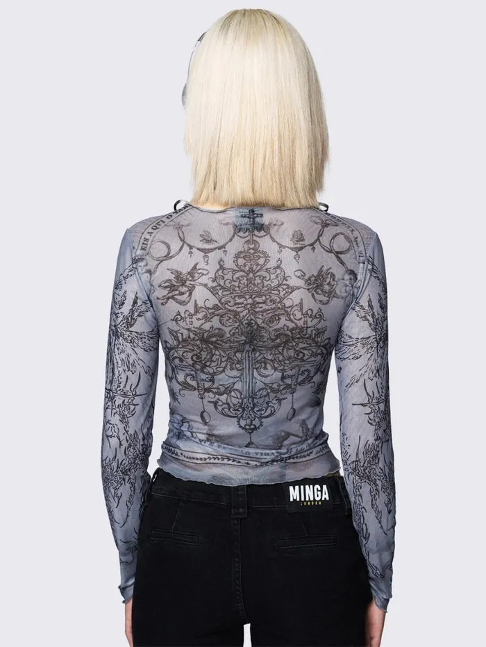 Willa Grey Lace Up Mesh Top Women Minga London Tops and TShirts