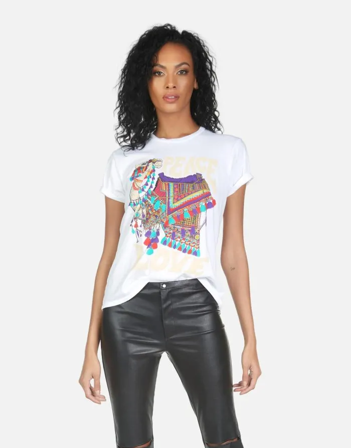 Wolf Peace Love Camel White Women Lauren Moshi Short Sleeve