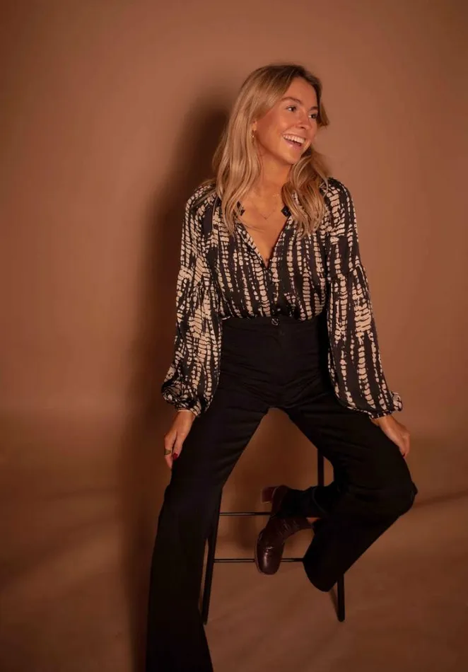 Women039s Clothing Blouses Easy Clothes Black And Taupe Spotted Thiam Blouse