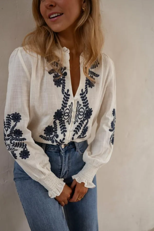 Women039s Clothing Blouses Easy Clothes Ecru And Blue Embroidered Salome Blouse