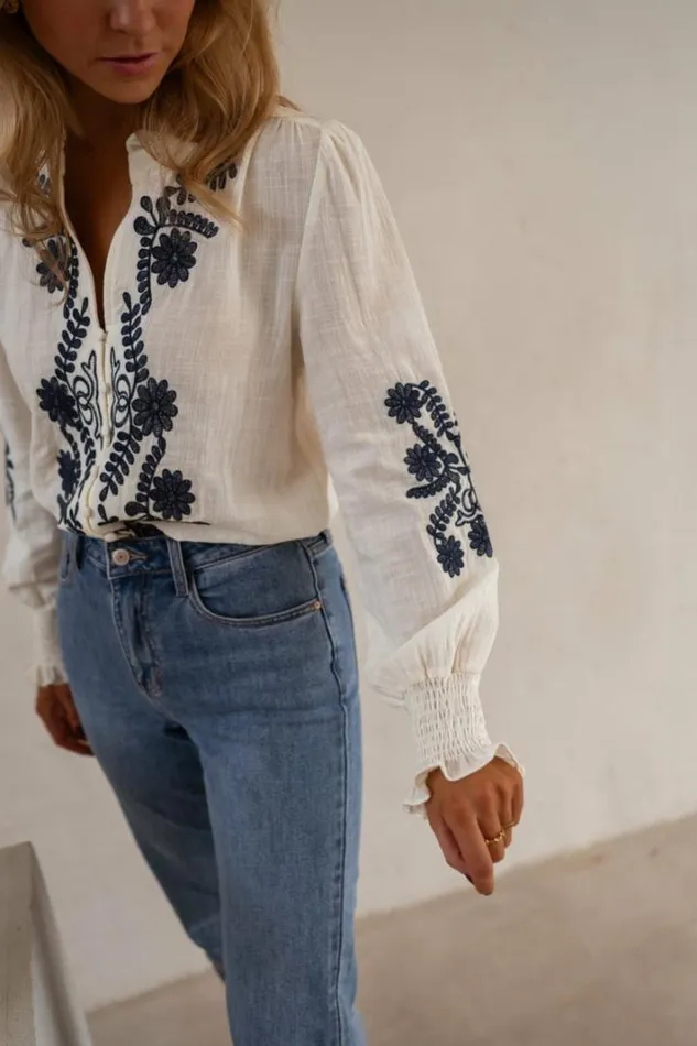 Women039s Clothing Blouses Easy Clothes Ecru And Blue Embroidered Salome Blouse Women039s Clothing Blouses Easy Clothes Ecru And Blue Embroidered Salome Blouse