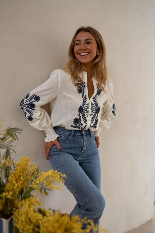 Women039s Clothing Blouses Easy Clothes Ecru And Blue Embroidered Salome Blouse Women039s Clothing Blouses Easy Clothes Ecru And Blue Embroidered Salome Blouse
