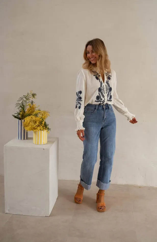 Women039s Clothing Blouses Easy Clothes Ecru And Blue Embroidered Salome Blouse Women039s Clothing Blouses Easy Clothes Ecru And Blue Embroidered Salome Blouse