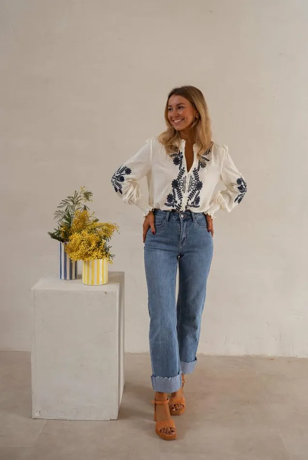 Women039s Clothing Blouses Easy Clothes Ecru And Blue Embroidered Salome Blouse Women039s Clothing Blouses Easy Clothes Ecru And Blue Embroidered Salome Blouse