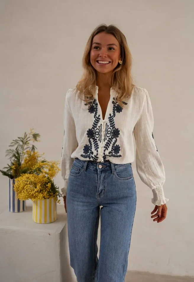 Women039s Clothing Blouses Easy Clothes Ecru And Blue Embroidered Salome Blouse Women039s Clothing Blouses Easy Clothes Ecru And Blue Embroidered Salome Blouse