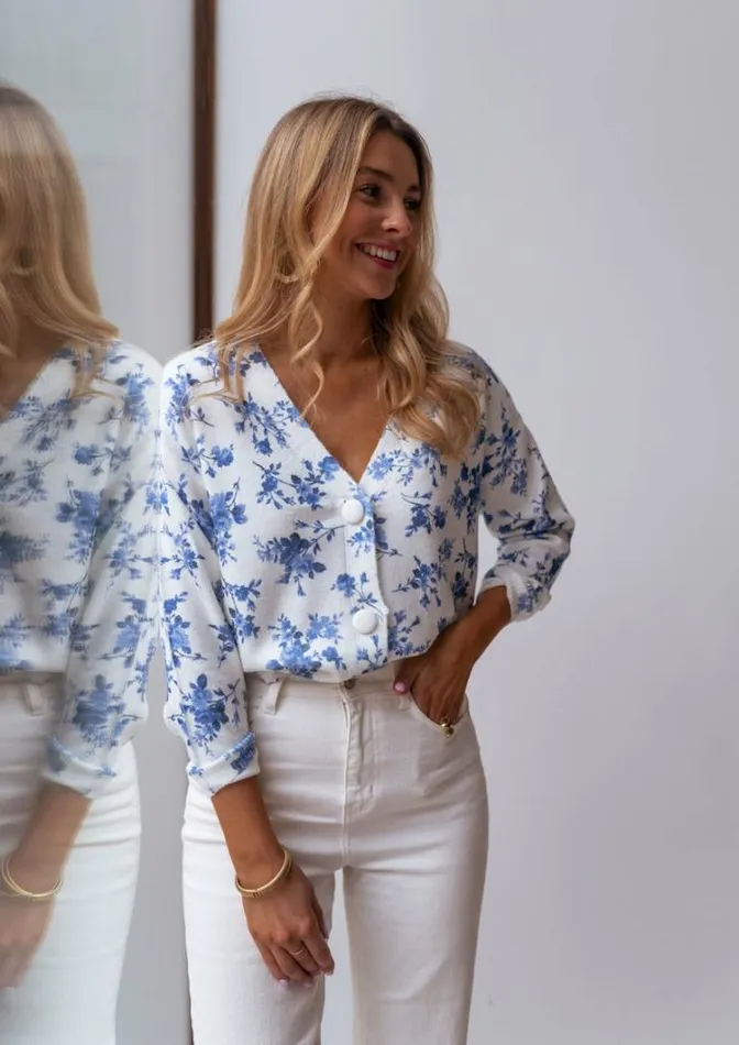 Women039s Clothing Cardigans Easy Clothes Ecru June Cardigan With Blue Flowers