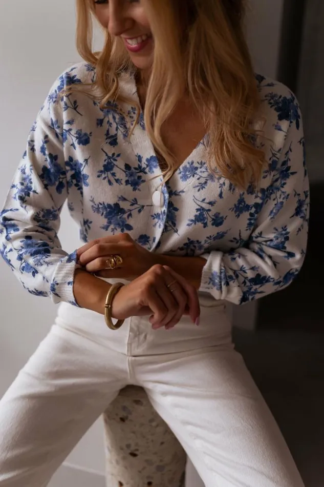 Women039s Clothing Cardigans Easy Clothes Ecru June Cardigan With Blue Flowers Women039s Clothing Cardigans Easy Clothes Ecru June Cardigan With Blue Flowers