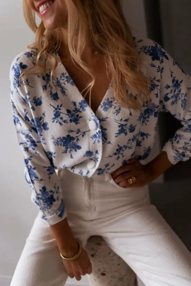 Women039s Clothing Cardigans Easy Clothes Ecru June Cardigan With Blue Flowers Women039s Clothing Cardigans Easy Clothes Ecru June Cardigan With Blue Flowers