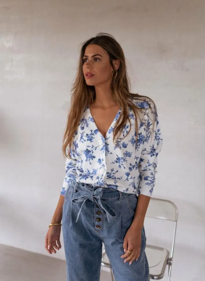 Women039s Clothing Cardigans Easy Clothes Ecru June Cardigan With Blue Flowers Women039s Clothing Cardigans Easy Clothes Ecru June Cardigan With Blue Flowers