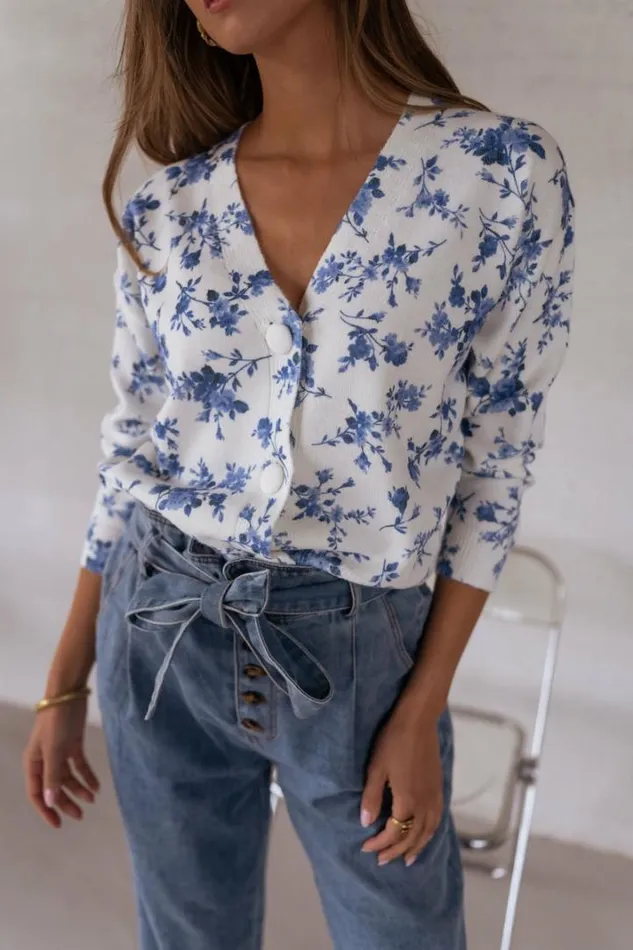 Women039s Clothing Cardigans Easy Clothes Ecru June Cardigan With Blue Flowers Women039s Clothing Cardigans Easy Clothes Ecru June Cardigan With Blue Flowers