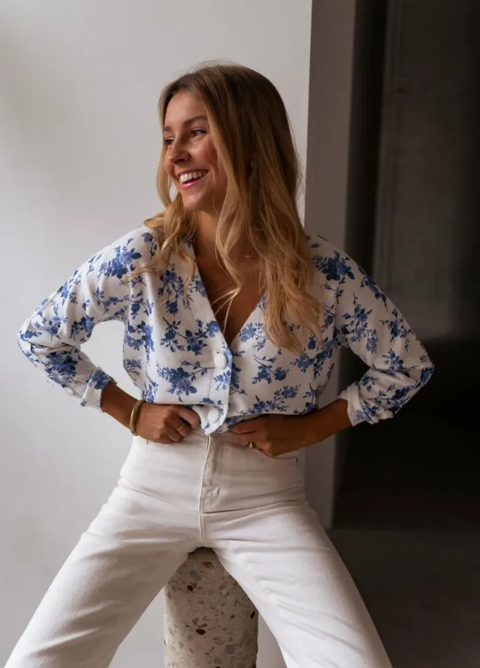 Women039s Clothing Cardigans Easy Clothes Ecru June Cardigan With Blue Flowers Women039s Clothing Cardigans Easy Clothes Ecru June Cardigan With Blue Flowers