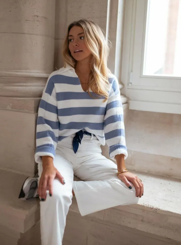Women039s Clothing Sweaters Easy Clothes Blue And Ecru Conor Sweater With Lines Women039s Clothing Sweaters Easy Clothes Blue And Ecru Conor Sweater With Lines