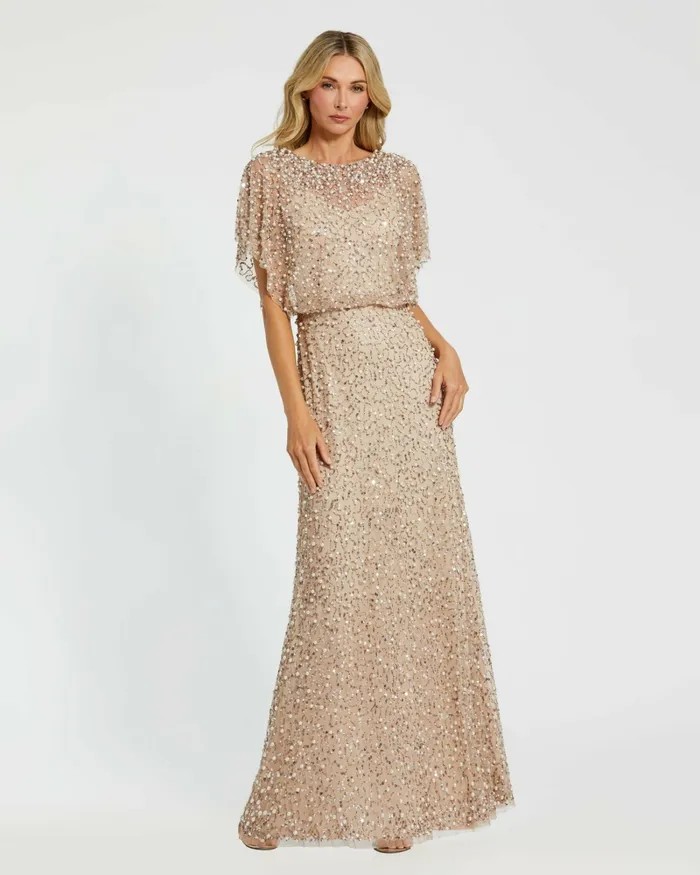 Women Beaded Mesh Gown With Shawl Nude Gold Best Sellers Mac Duggal