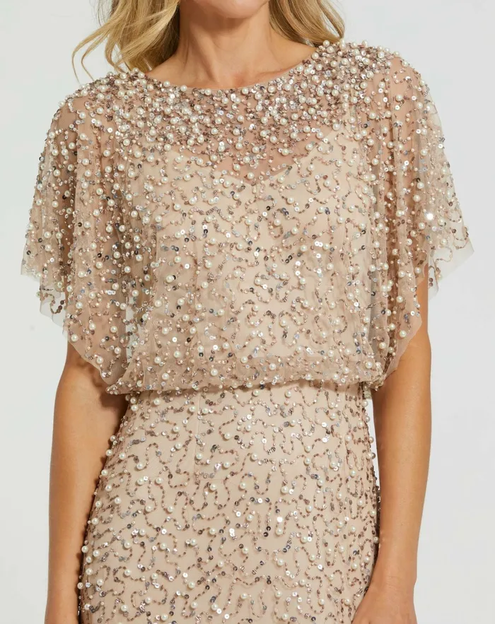 Women Beaded Mesh Gown With Shawl Nude Gold Best Sellers Mac Duggal