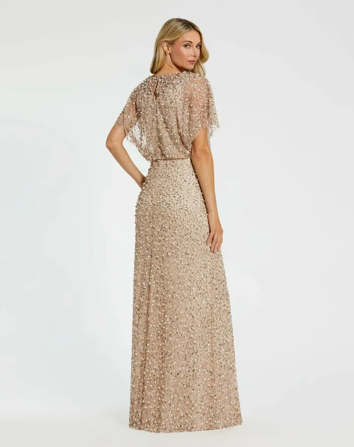 Women Beaded Mesh Gown With Shawl Nude Gold Best Sellers Mac Duggal