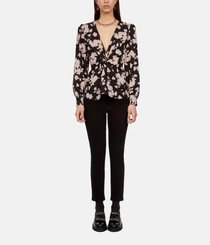 Women Blouses and Shirts THE KOOPLES Black And Pink Floral Print Top With Draping And Front Twist Women Blouses and Shirts THE KOOPLES Black And Pink Floral Print Top With Draping And Front Twist