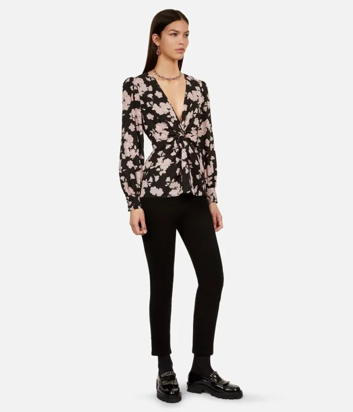 Women Blouses and Shirts THE KOOPLES Black And Pink Floral Print Top With Draping And Front Twist Women Blouses and Shirts THE KOOPLES Black And Pink Floral Print Top With Draping And Front Twist