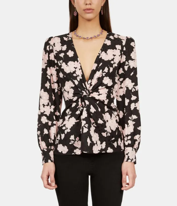 Women Blouses and Shirts THE KOOPLES Black And Pink Floral Print Top With Draping And Front Twist Women Blouses and Shirts THE KOOPLES Black And Pink Floral Print Top With Draping And Front Twist