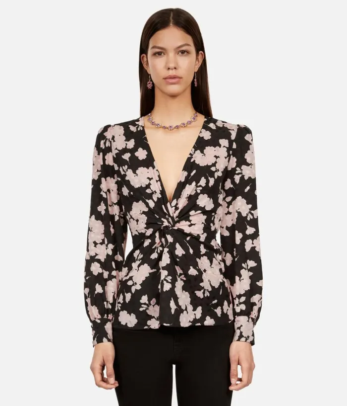 Women Blouses and Shirts THE KOOPLES Black And Pink Floral Print Top With Draping And Front Twist Women Blouses and Shirts THE KOOPLES Black And Pink Floral Print Top With Draping And Front Twist