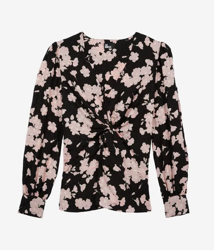 Women Blouses and Shirts THE KOOPLES Black And Pink Floral Print Top With Draping And Front Twist Women Blouses and Shirts THE KOOPLES Black And Pink Floral Print Top With Draping And Front Twist