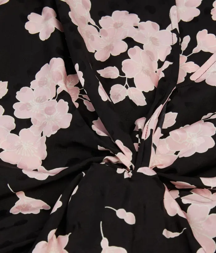 Women Blouses and Shirts THE KOOPLES Black And Pink Floral Print Top With Draping And Front Twist Women Blouses and Shirts THE KOOPLES Black And Pink Floral Print Top With Draping And Front Twist