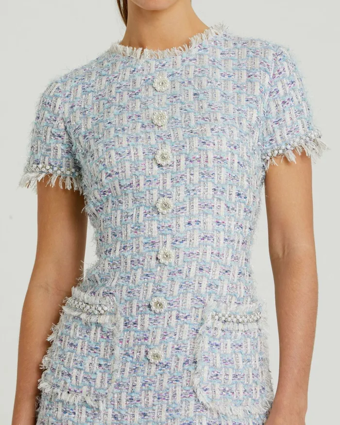 Women Blue Cap Sleeve Floral Button Detail Shift Dress Blue Multi Daytime Dresses Mac Duggal