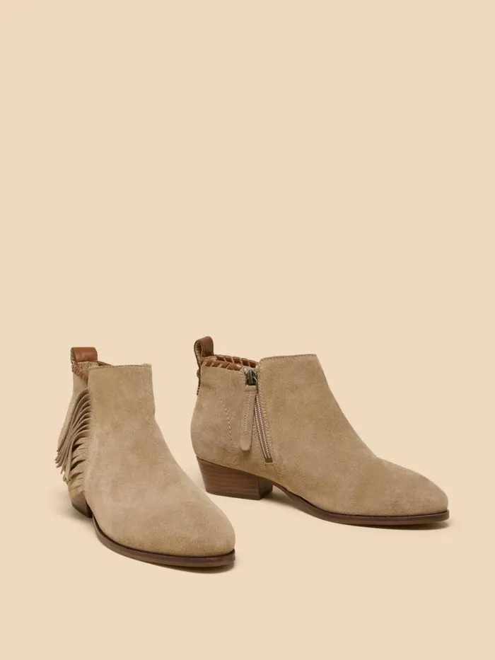 Women BOOTS White Stuff Acacia Suede Fringe Ankle Boot Light Natural