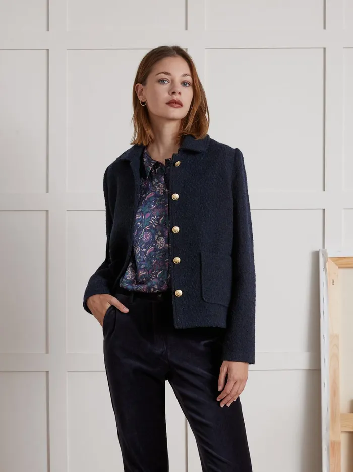 Women Clothing Cyrillus Boucl Fabric Jacket With Round Neckline Marine Noir