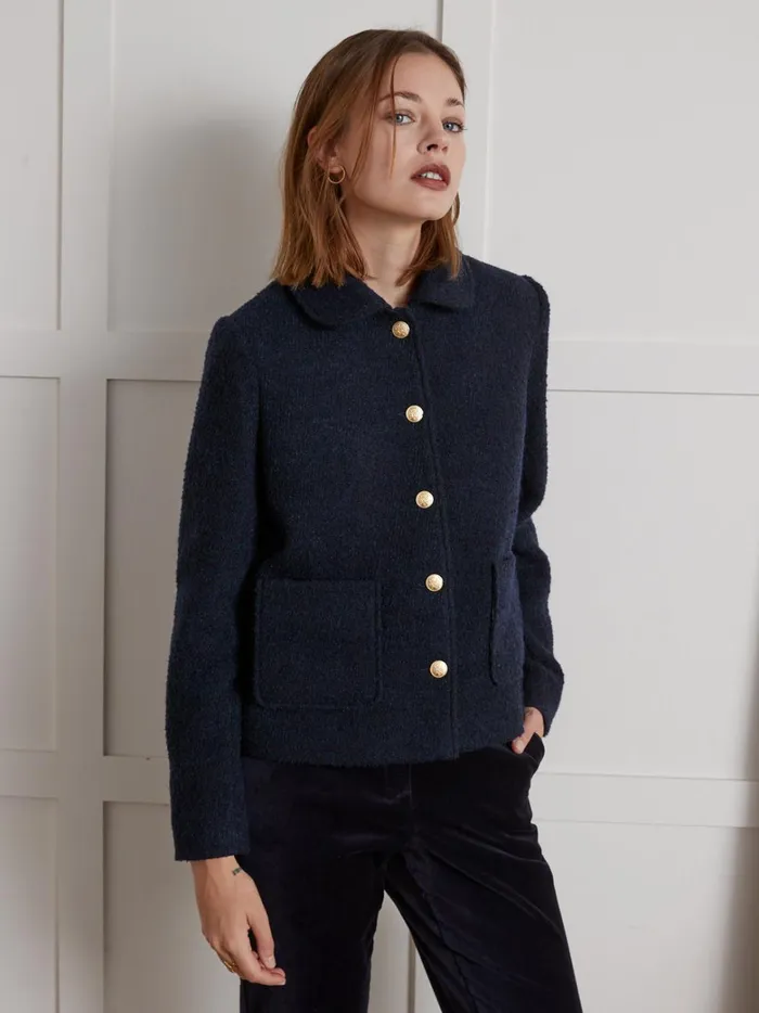 Women Clothing Cyrillus Boucl Fabric Jacket With Round Neckline Marine Noir