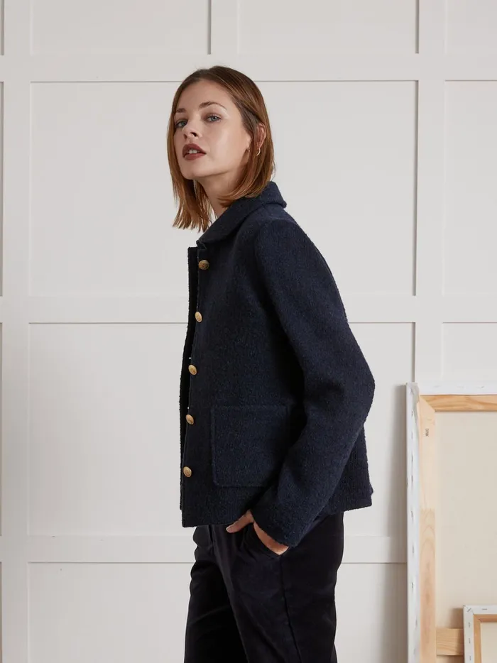 Women Clothing Cyrillus Boucl Fabric Jacket With Round Neckline Marine Noir