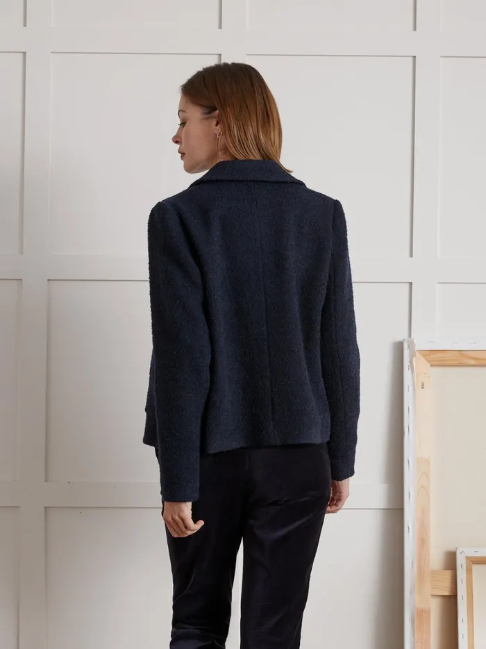 Women Clothing Cyrillus Boucl Fabric Jacket With Round Neckline Marine Noir