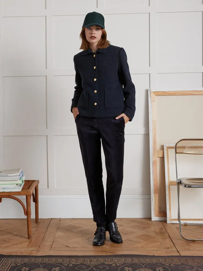 Women Clothing Cyrillus Boucl Fabric Jacket With Round Neckline Marine Noir