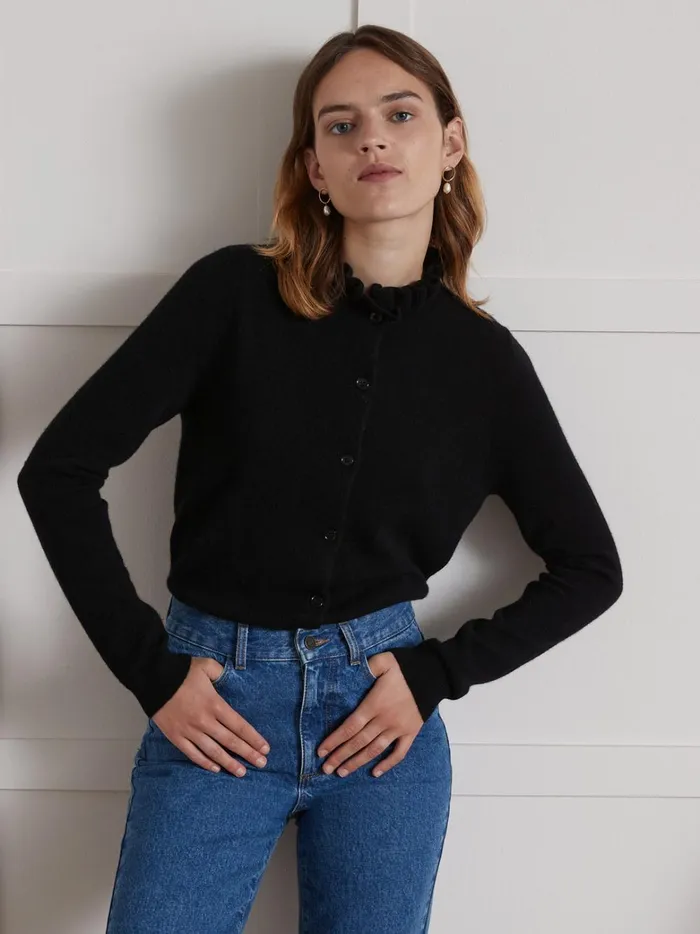 Women Clothing Cyrillus Cardigan With Frilly Neckline 8211 The Cashmere Collection Noir