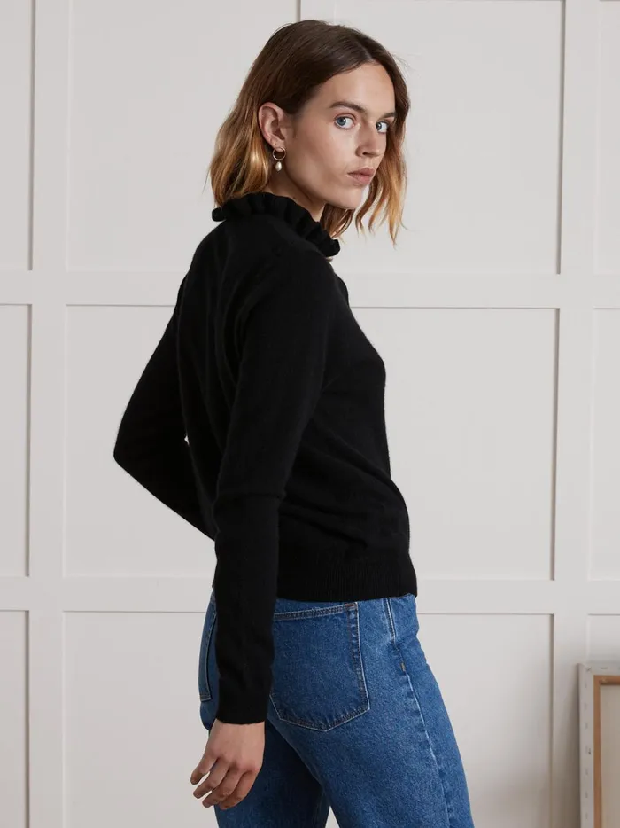 Women Clothing Cyrillus Cardigan With Frilly Neckline 8211 The Cashmere Collection Noir