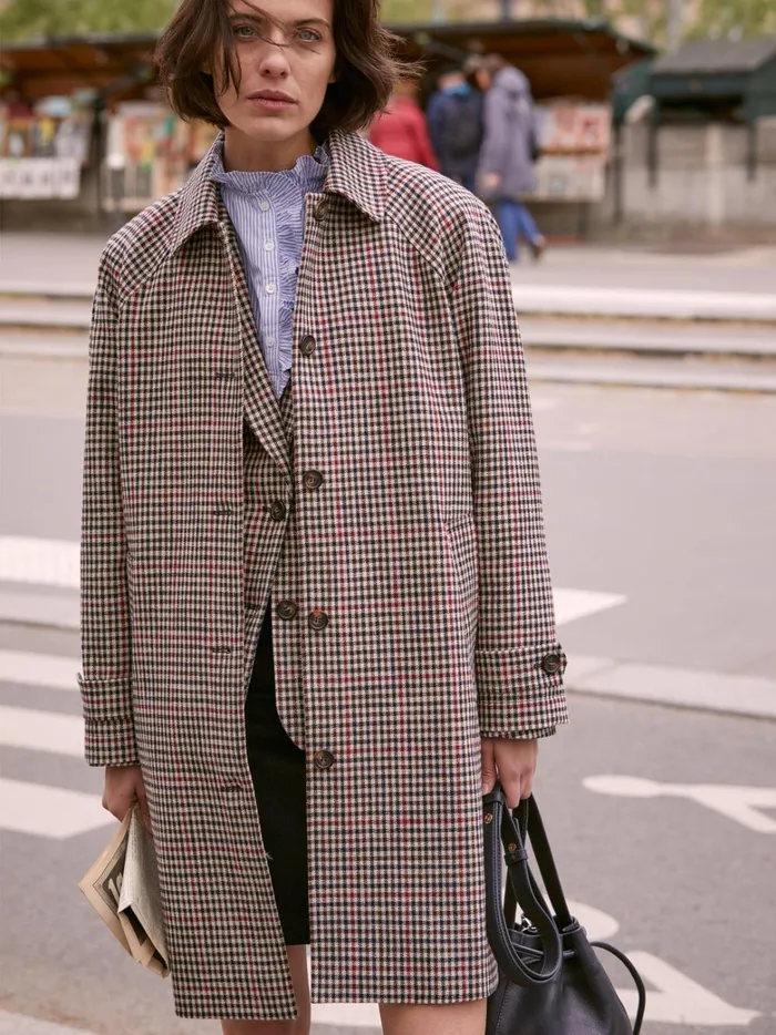 Women Clothing Cyrillus Check Twill Car Coat Carreaux Tricolore