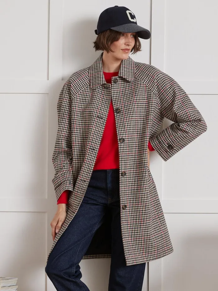Women Clothing Cyrillus Check Twill Car Coat Carreaux Tricolore