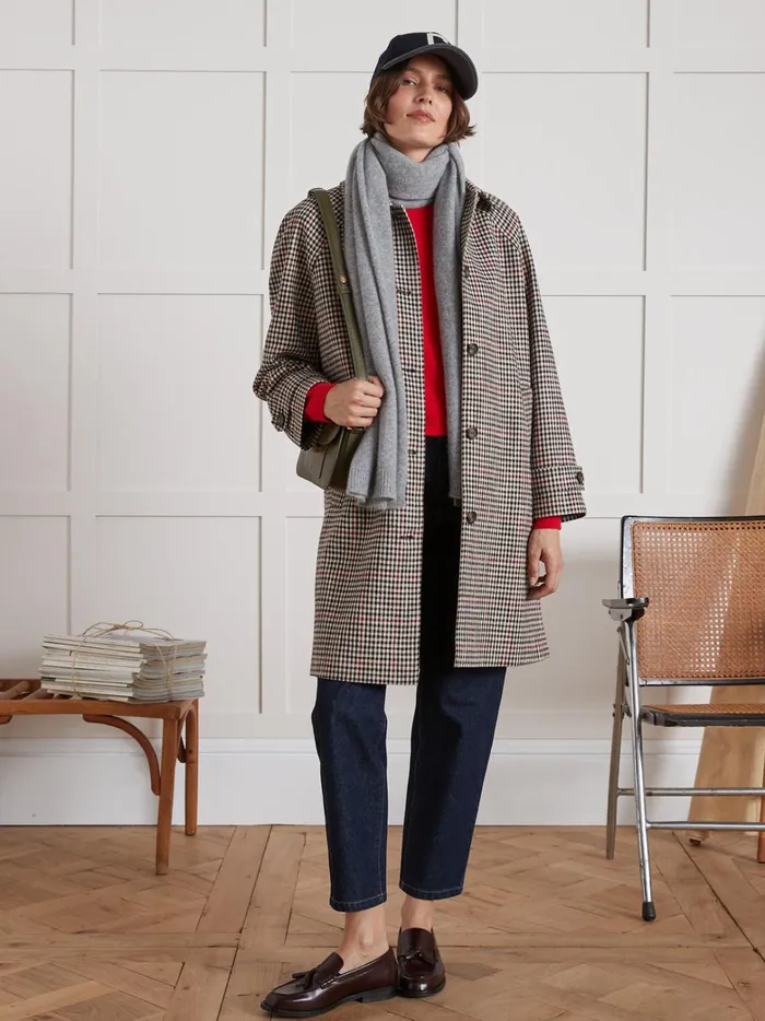 Women Clothing Cyrillus Check Twill Car Coat Carreaux Tricolore