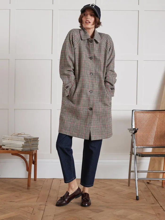 Women Clothing Cyrillus Check Twill Car Coat Carreaux Tricolore