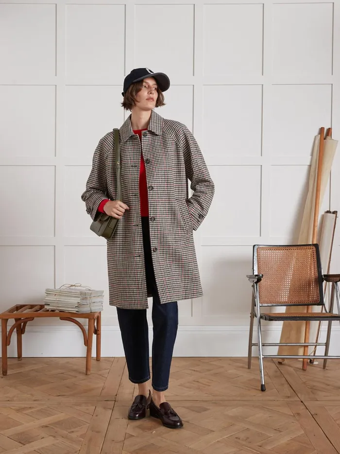 Women Clothing Cyrillus Check Twill Car Coat Carreaux Tricolore