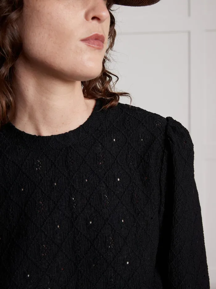 Women Clothing Cyrillus Jacquard THirt With Puffy Sleeves Navy Noir