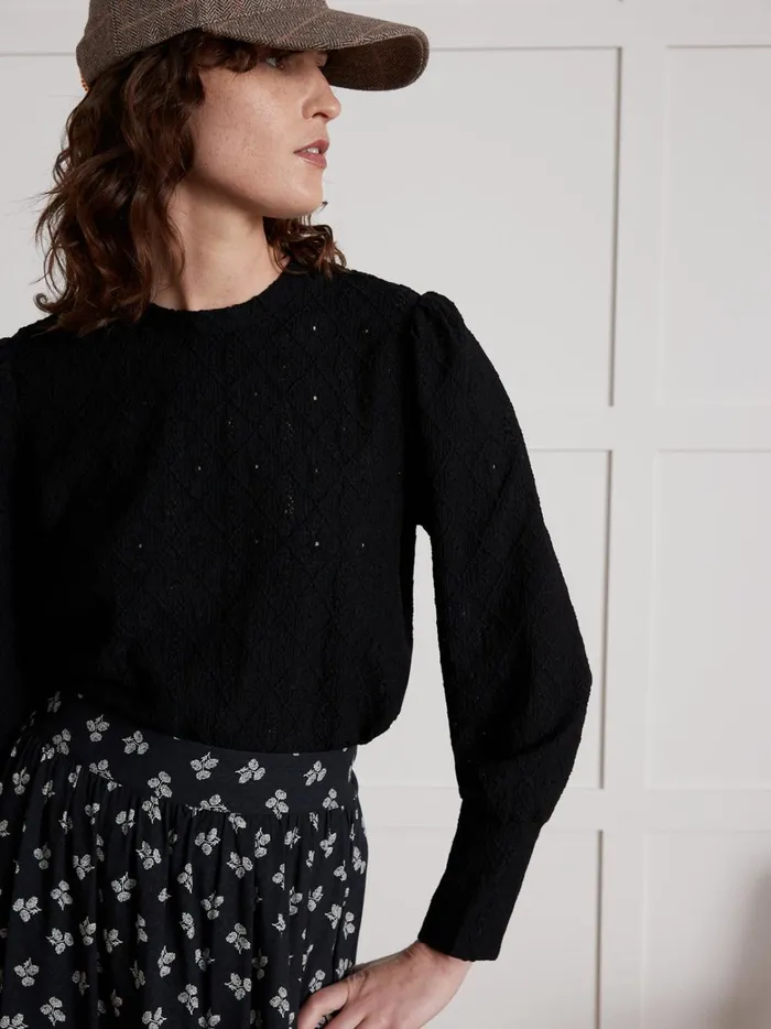 Women Clothing Cyrillus Jacquard THirt With Puffy Sleeves Navy Noir