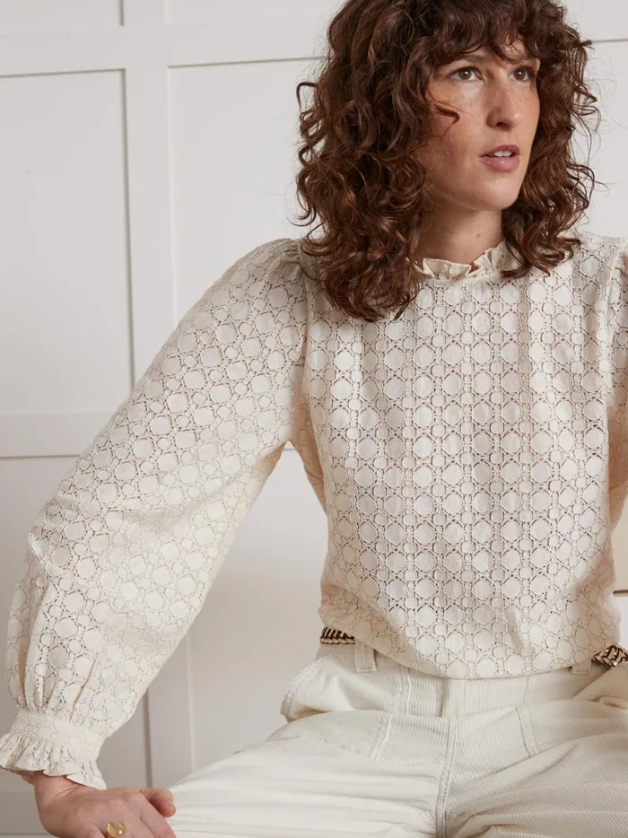 Women Clothing Cyrillus Lace Blouse With Ruffled Collar Ivoire
