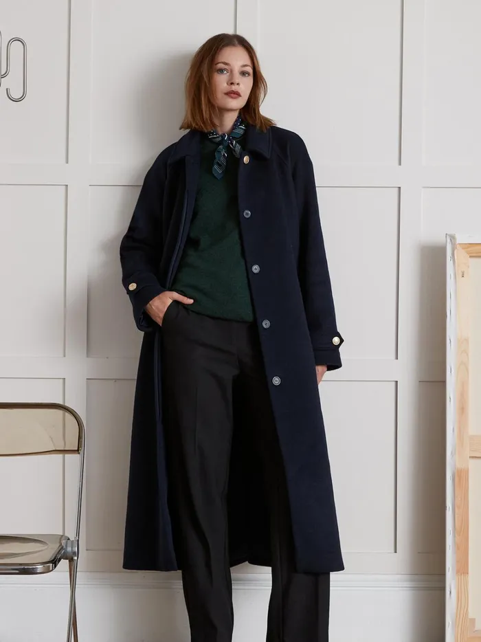 Women Clothing Cyrillus MidLength Double Woolen Fabric Wrap Around Coat Encre