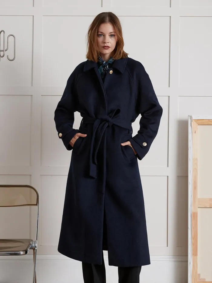 Women Clothing Cyrillus MidLength Double Woolen Fabric Wrap Around Coat Encre