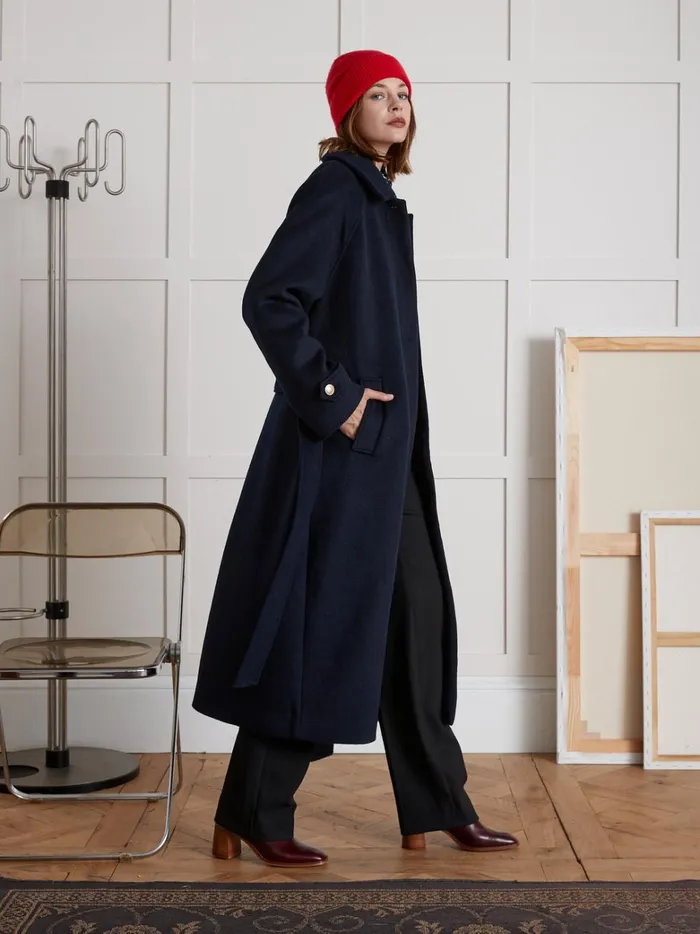 Women Clothing Cyrillus MidLength Double Woolen Fabric Wrap Around Coat Encre