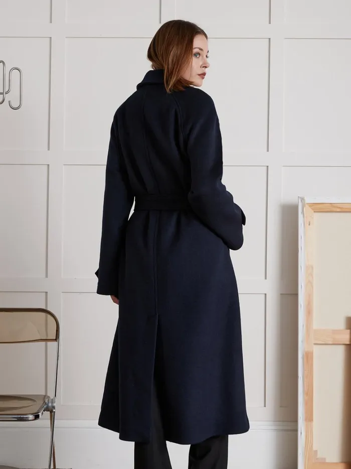 Women Clothing Cyrillus MidLength Double Woolen Fabric Wrap Around Coat Encre