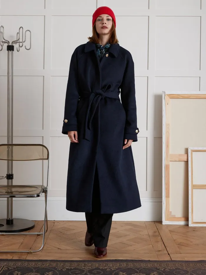 Women Clothing Cyrillus MidLength Double Woolen Fabric Wrap Around Coat Encre