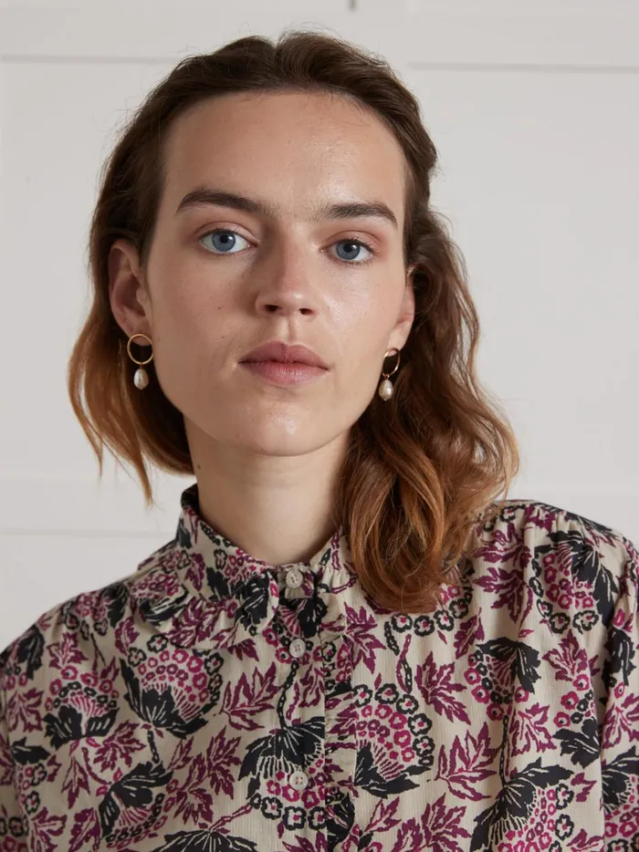 Women Clothing Cyrillus Pablo Piatti Amelia Print Shirt With Frilly Neckline Imp Amelia Violet